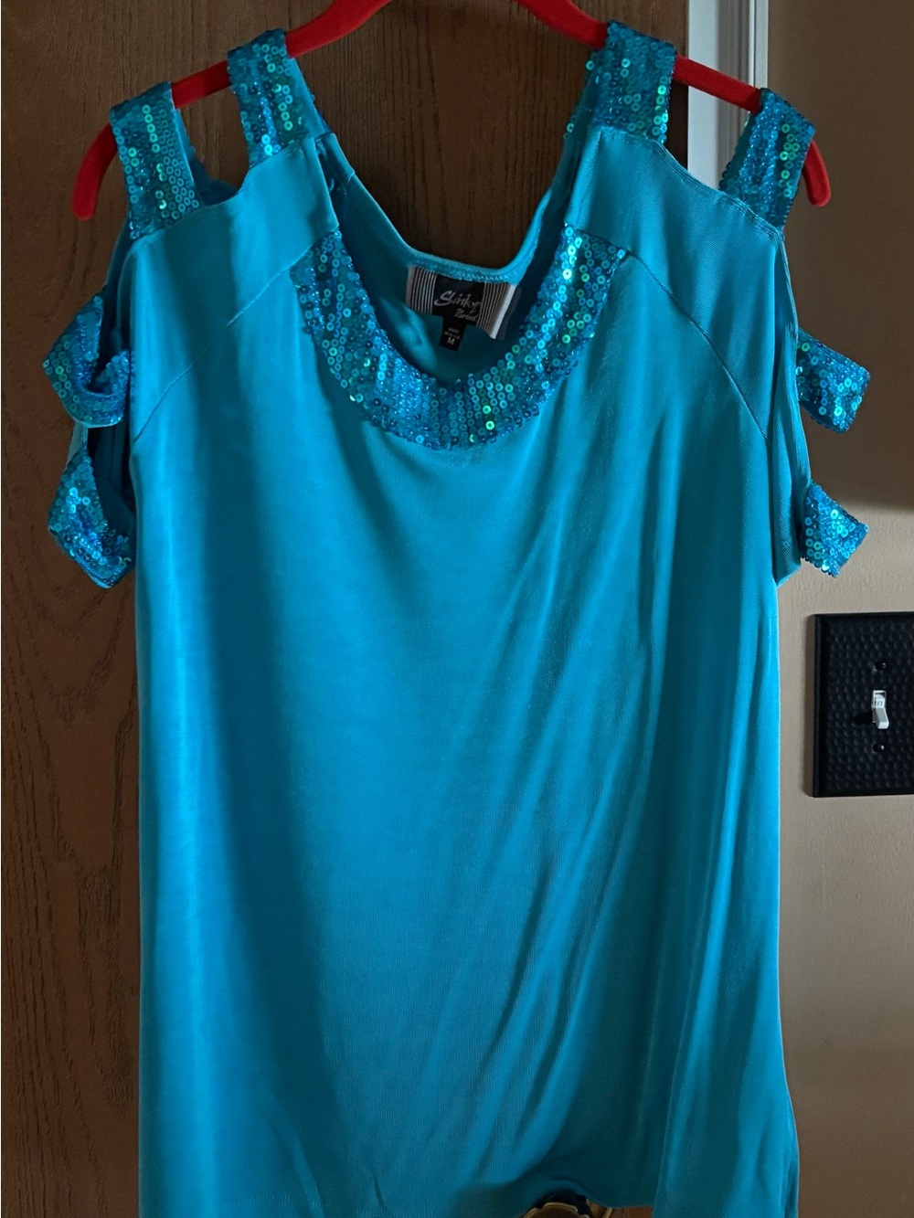 Slinky Brand Turquoise Sequin Cold-Shoulder Tank